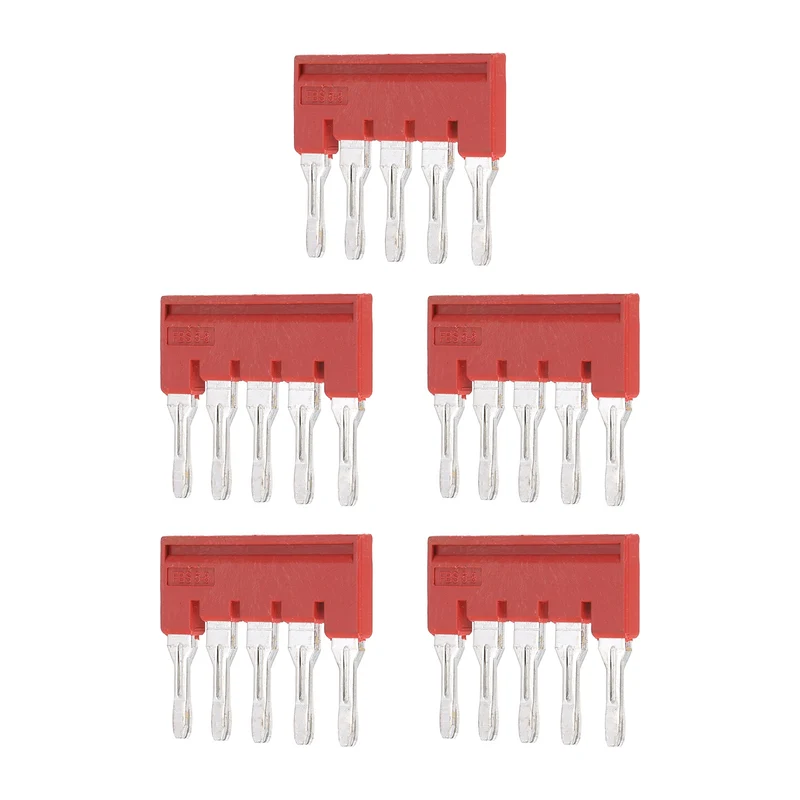 5Pcs FBS5-8 DIN Rail Terminal Block, 5 Position Press-Fit Jumper, Red