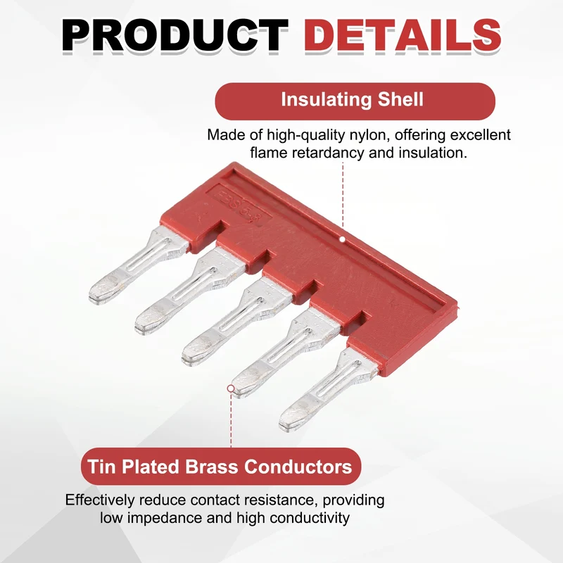 5Pcs FBS5-8 DIN Rail Terminal Block, 5 Position Press-Fit Jumper, Red