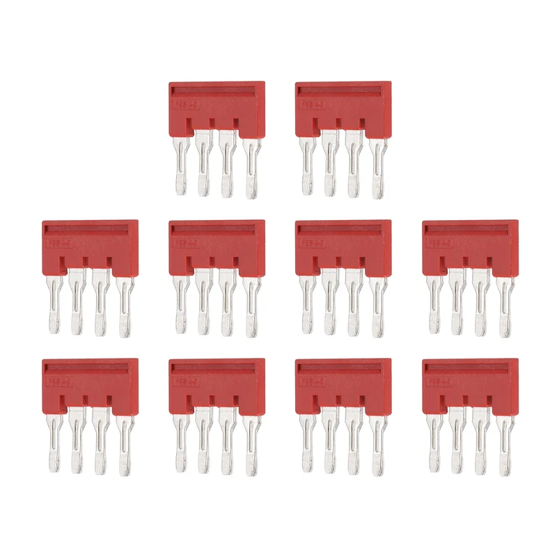 10Pcs FBS4-8 DIN Rail Terminal Block, 4 Position Press-Fit Jumper, Red
