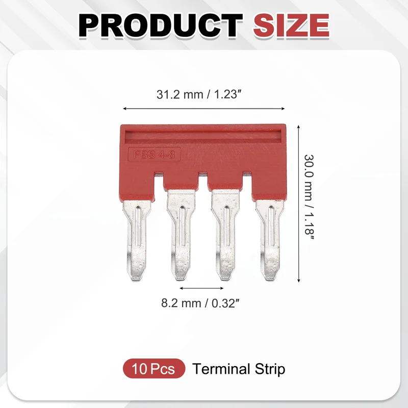10Pcs FBS4-8 DIN Rail Terminal Block, 4 Position Press-Fit Jumper, Red