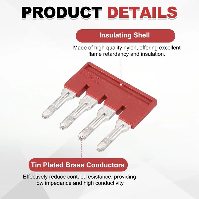 10Pcs FBS4-8 DIN Rail Terminal Block, 4 Position Press-Fit Jumper, Red