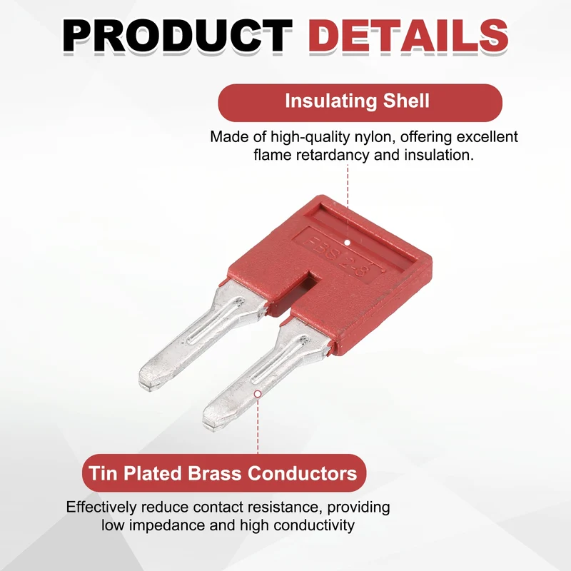 10Pcs FBS2-8 DIN Rail Terminal Block, 2 Position Press-Fit Jumper, Red