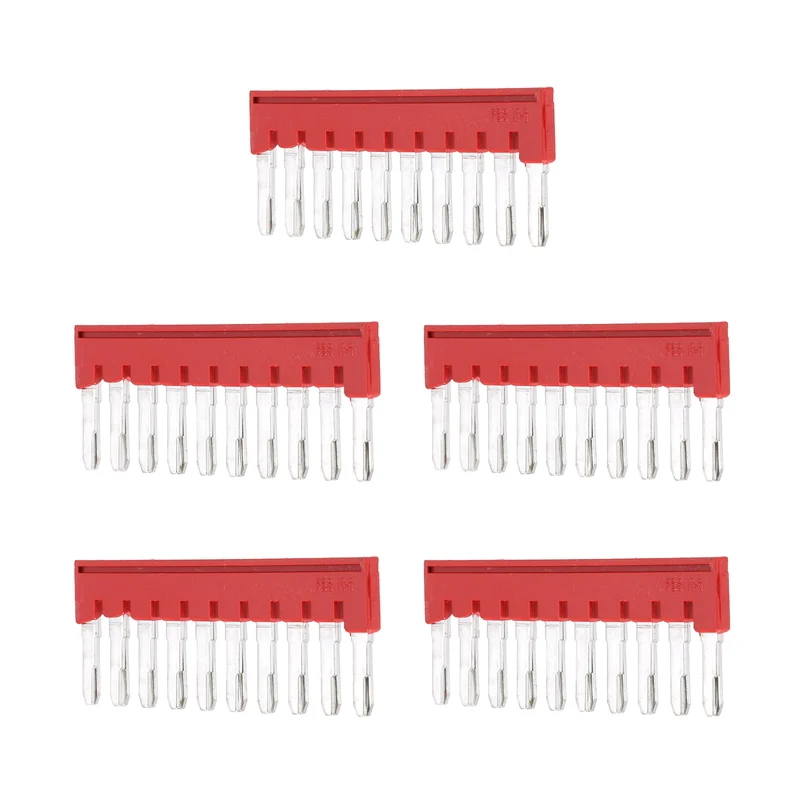 5Pcs FBS10-6 DIN Rail Terminal Block, 10 Position Press-Fit Jumper, Red