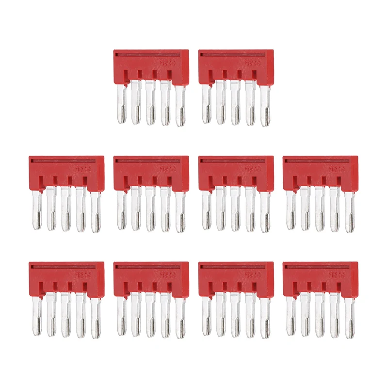 10Pcs FBS5-6 DIN Rail Terminal Block, 5 Position Press-Fit Jumper, Red