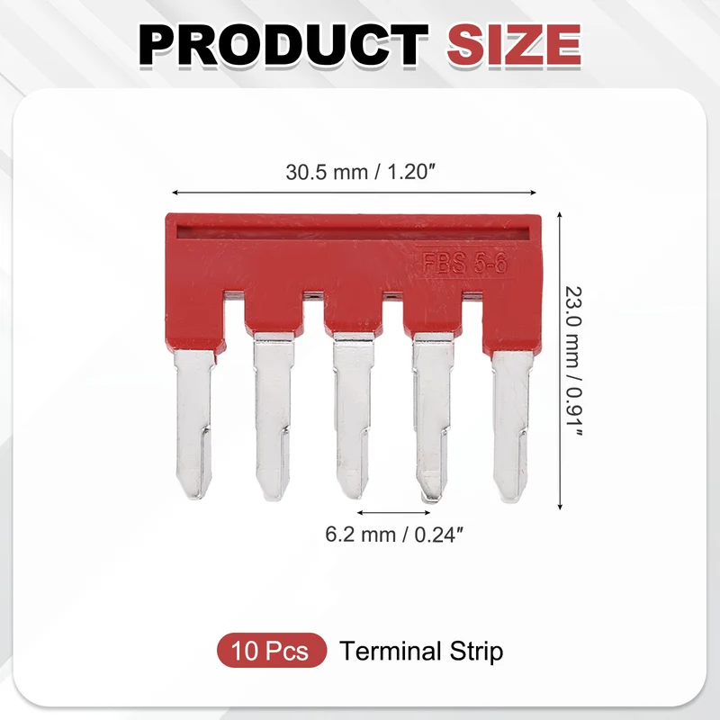 10Pcs FBS5-6 DIN Rail Terminal Block, 5 Position Press-Fit Jumper, Red