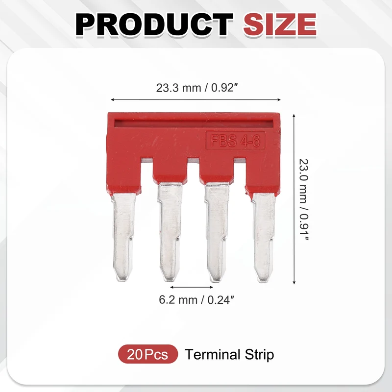 20Pcs FBS4-6 DIN Rail Terminal Block, 4 Position Press-Fit Jumper, Red