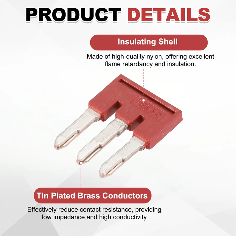 20Pcs FBS3-6 DIN Rail Terminal Block, 3 Position Press-Fit Jumper, Red
