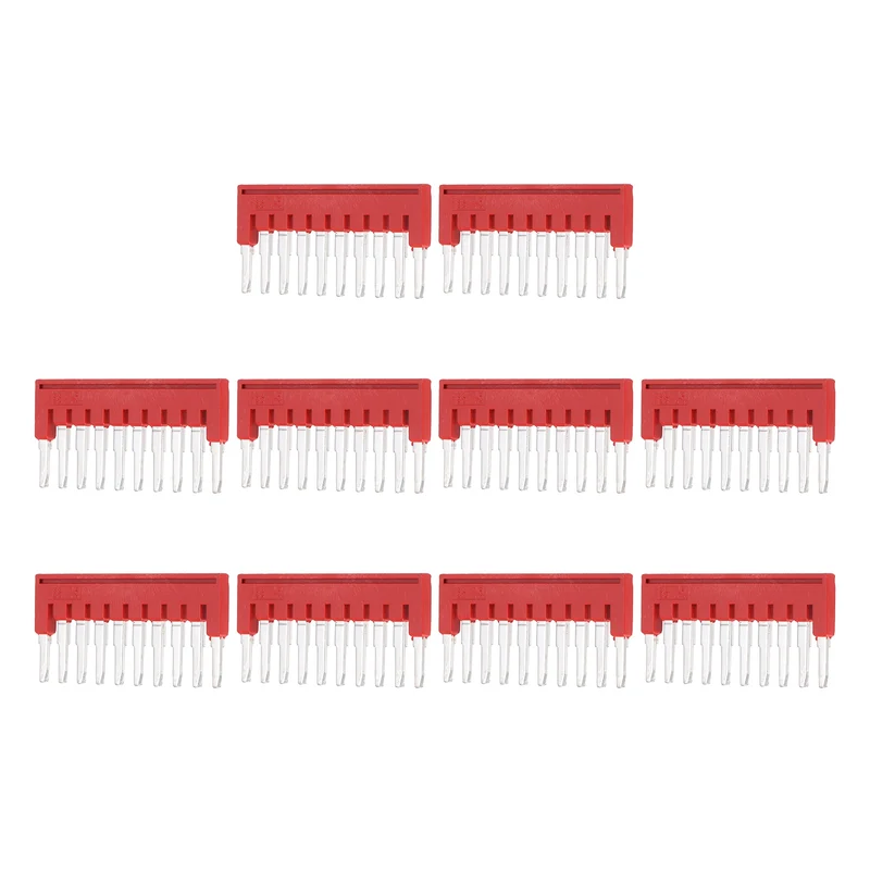 10Pcs FBS10-5 DIN Rail Terminal Block, 10 Position Press-Fit Jumper, Red