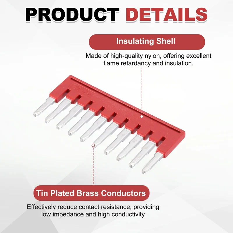 10Pcs FBS10-5 DIN Rail Terminal Block, 10 Position Press-Fit Jumper, Red