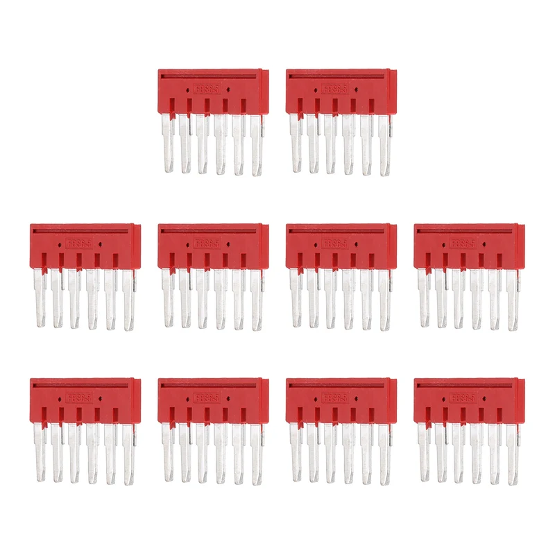 10Pcs FBS6-5 DIN Rail Terminal Block, 6 Position Press-Fit Jumper, Red