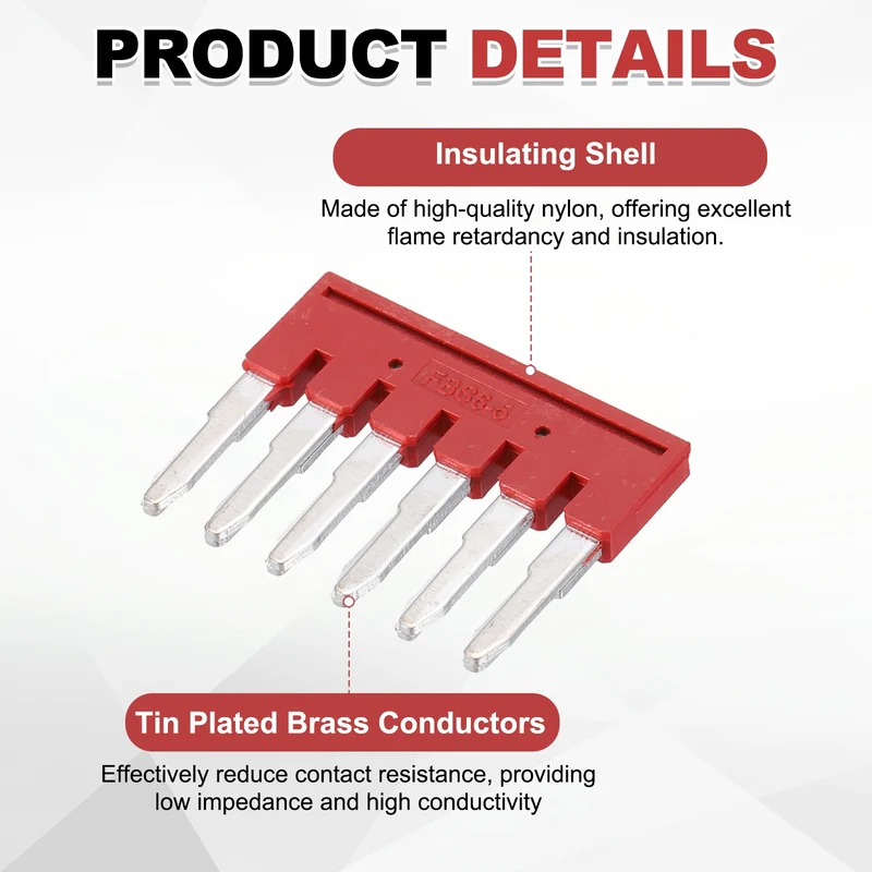 10Pcs FBS6-5 DIN Rail Terminal Block, 6 Position Press-Fit Jumper, Red