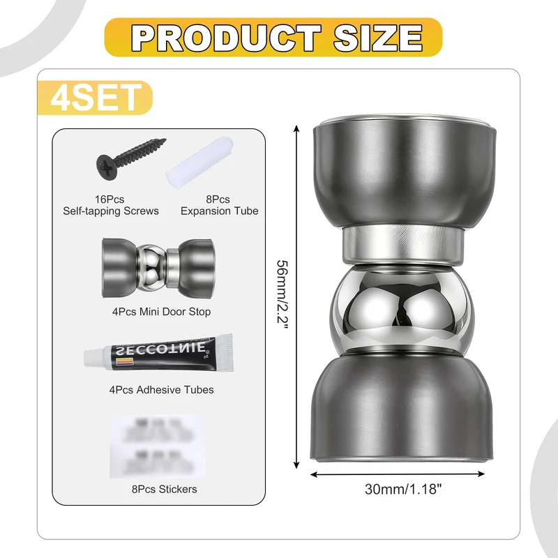 4Pcs Magnetic Door Stopper Kit Stainless Steel Mini Door Stop, Gray