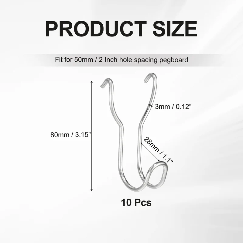 10Pcs Stainless Steel Pegboard Hooks 28mm/1.1" Hole Spacing J-Hook