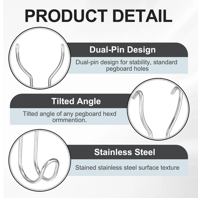 10Pcs Stainless Steel Pegboard Hooks 28mm/1.1" Hole Spacing J-Hook