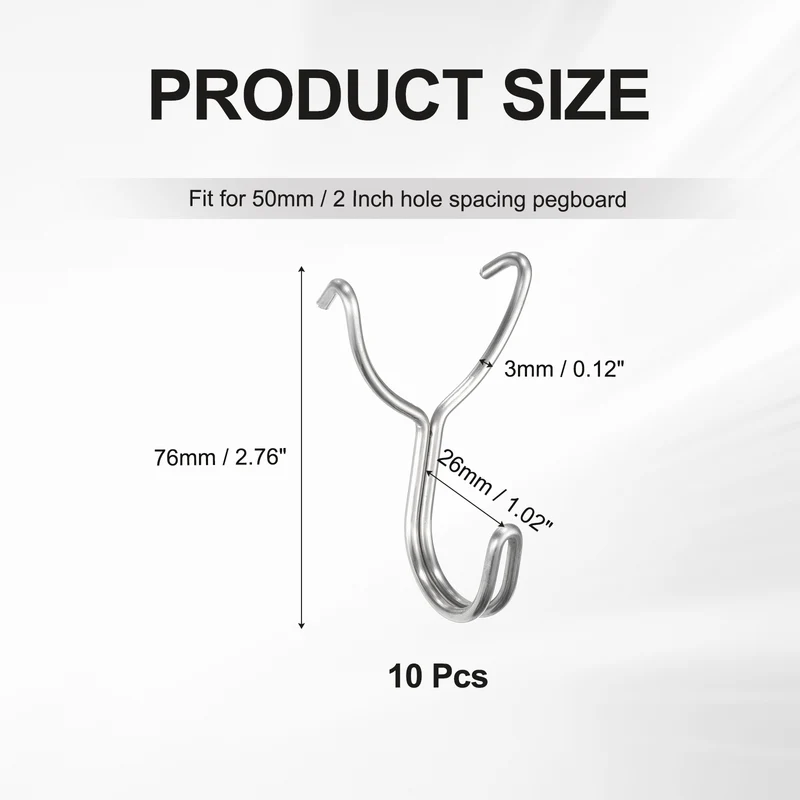 10Pcs Stainless Steel Pegboard Hooks 26mm/1.02" Hole Spacing J-Hook