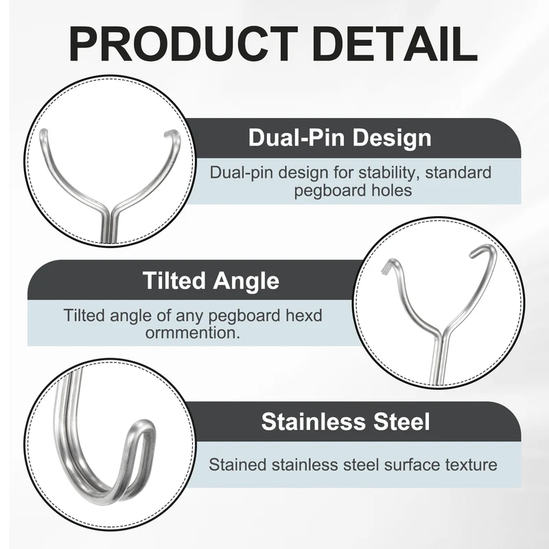 10Pcs Stainless Steel Pegboard Hooks 26mm/1.02" Hole Spacing J-Hook