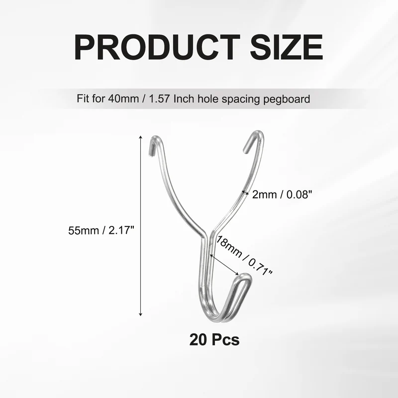 20Pcs Stainless Steel Pegboard Hooks 18mm/0.71" Hole Spacing J-Hook