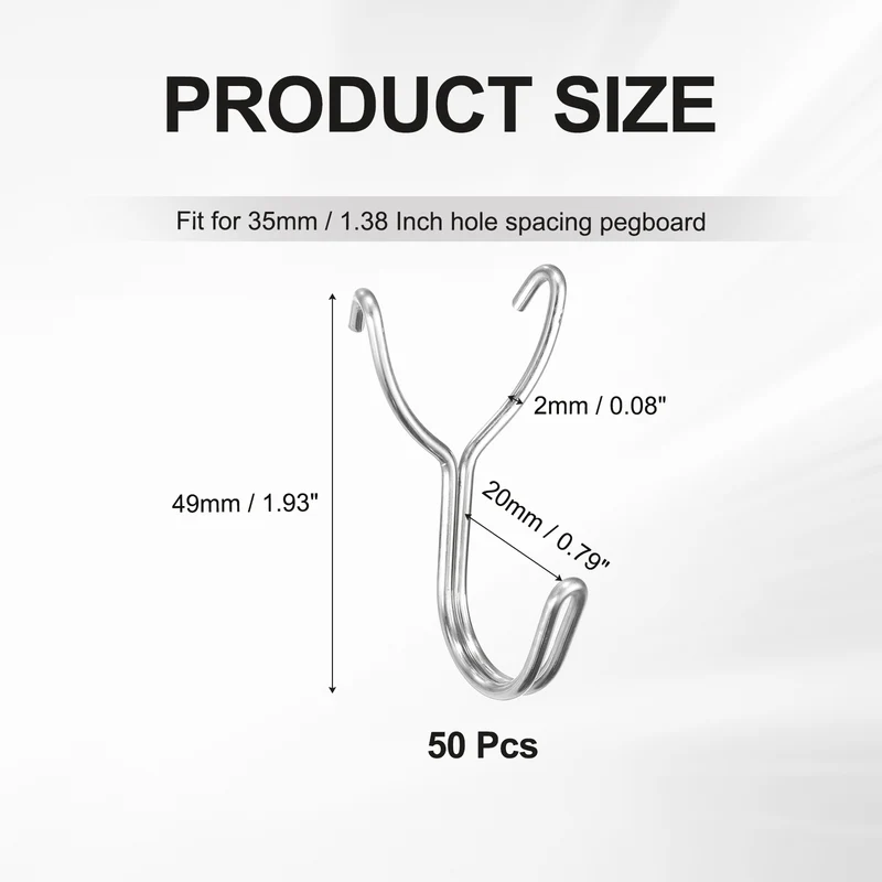 50Pcs Stainless Steel Pegboard Hook 20mm/0.79" Hole Spacing J-Hooks
