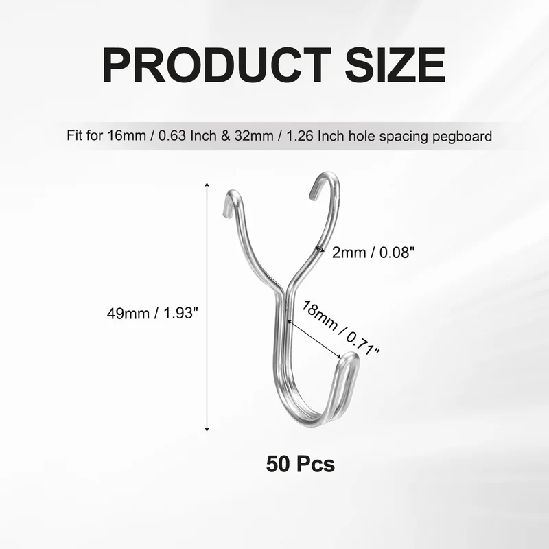 50Pcs Stainless Steel Pegboard Hooks 18mm/0.71" Hole Spacing J-Hook