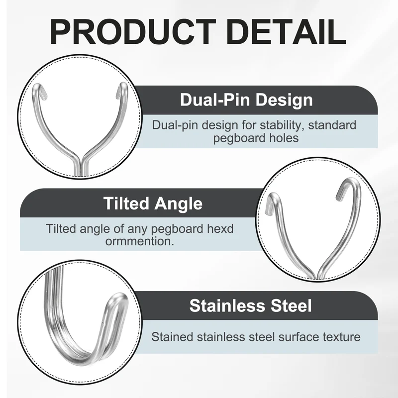 50Pcs Stainless Steel Pegboard Hooks 18mm/0.71" Hole Spacing J-Hook