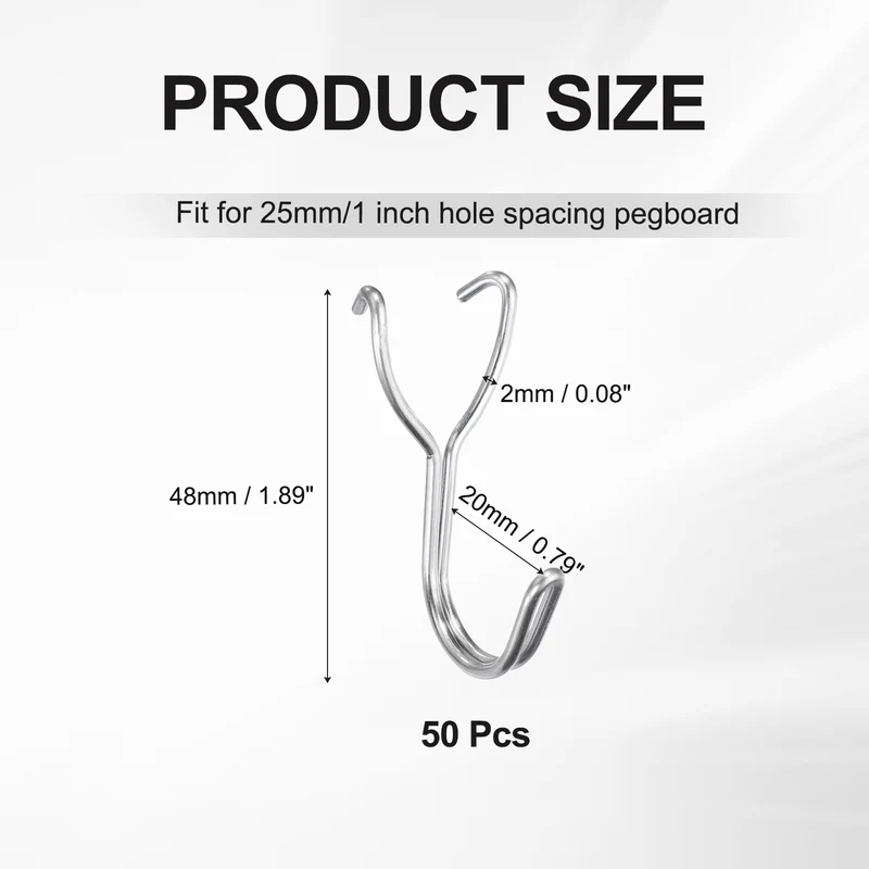 50Pcs Stainless Steel Pegboard Hooks 20mm/0.79" Hole Spacing J-Hook