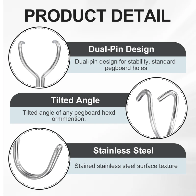 50Pcs Stainless Steel Pegboard Hooks 20mm/0.79" Hole Spacing J-Hook