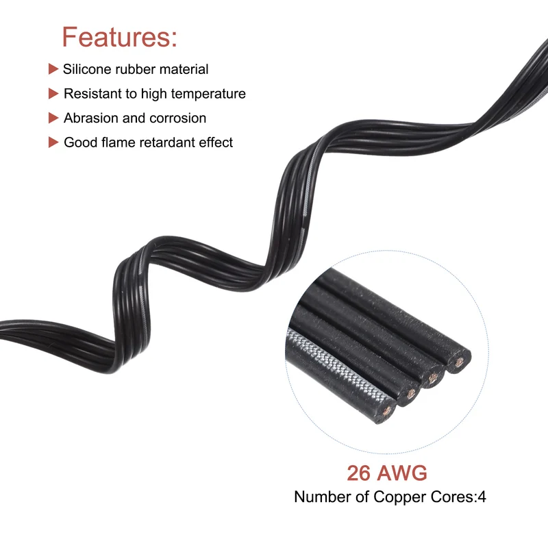 26AWG Ribbon Cable Silicone Wire 4Pin 26 Gauge Ribbon Wire Flat Silicone Cable 15m/50ft Black Stranded Tinned Copper Wire