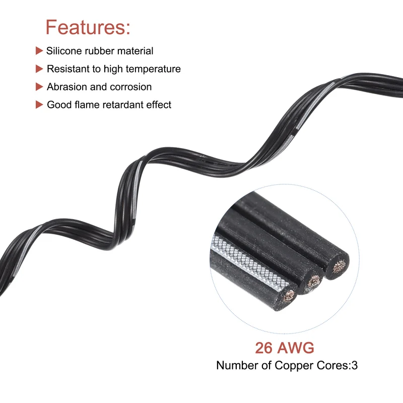 26AWG Ribbon Cable Silicone Wire 3Pin 26 Gauge Ribbon Wire Flat Silicone Cable 15m/50ft Black Stranded Tinned Copper Wire