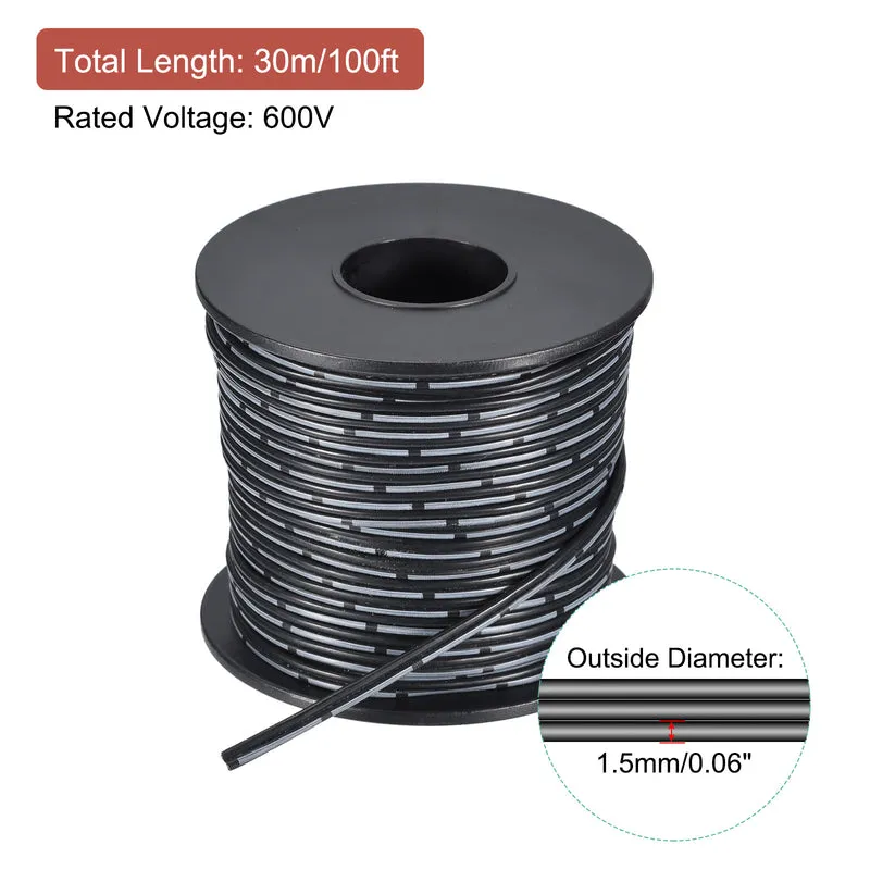 26AWG Ribbon Cable Silicone Wire 2Pin 26 Gauge Ribbon Wire Flat Silicone Cable 30m/100ft Black Stranded Tinned Copper Wire