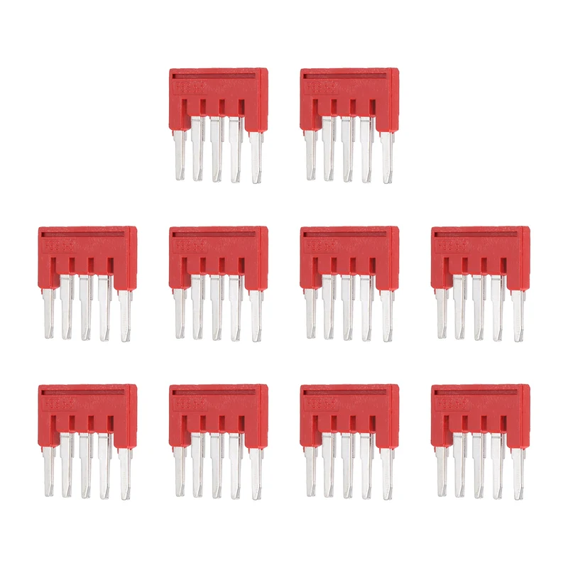 10Pcs FBS5-5 DIN Rail Terminal Block, 5 Position Press-Fit Jumper, Red