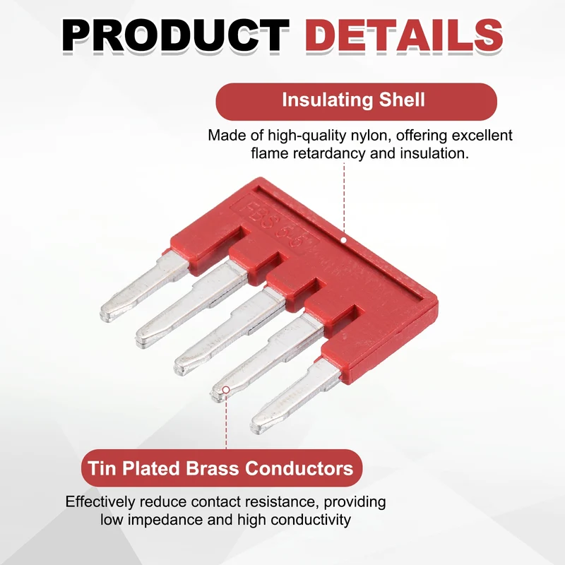 10Pcs FBS5-5 DIN Rail Terminal Block, 5 Position Press-Fit Jumper, Red