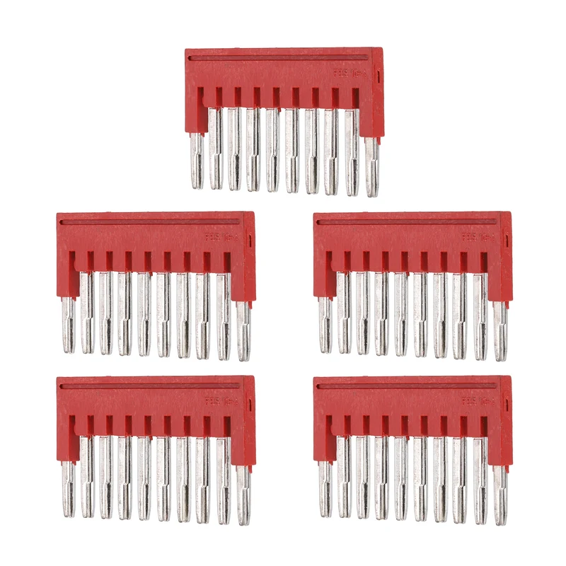 5Pcs FBS10-4 DIN Rail Terminal Block, 10 Position Press-Fit Jumper, Red