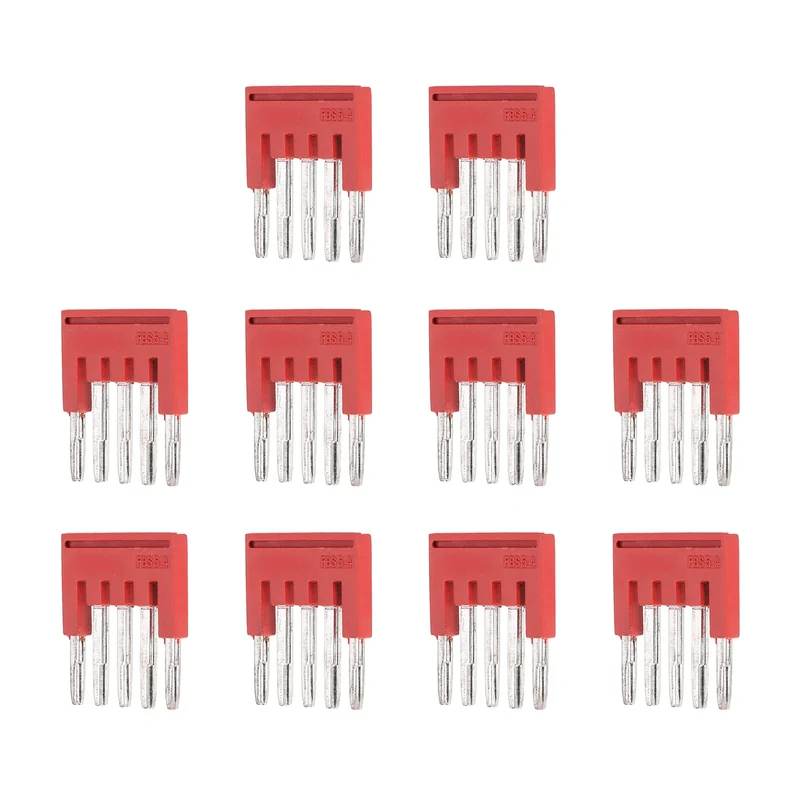 10Pcs FBS5-4 DIN Rail Terminal Block, 5 Position Press-Fit Jumper, Red