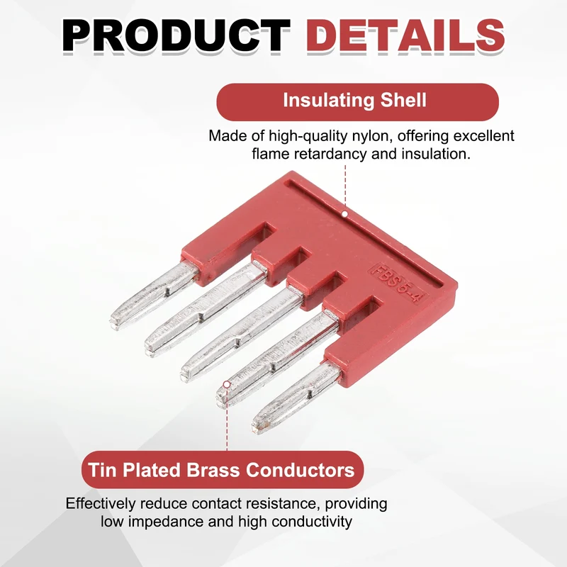 10Pcs FBS5-4 DIN Rail Terminal Block, 5 Position Press-Fit Jumper, Red