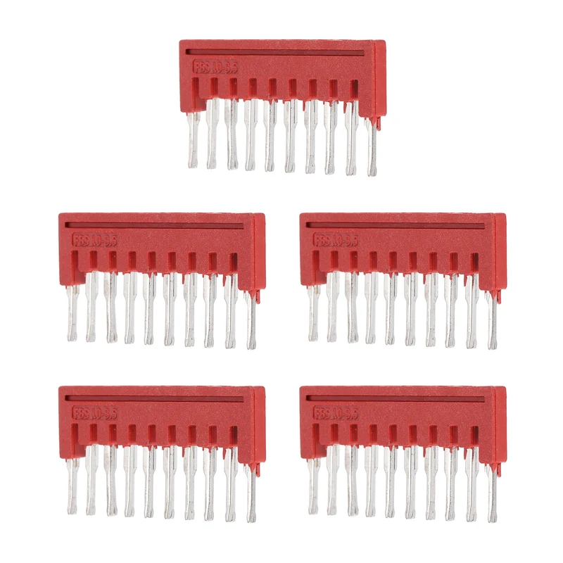 5Pcs FBS10-3.5 DIN Rail Terminal Block, 10 Position Press-Fit Jumper, Red