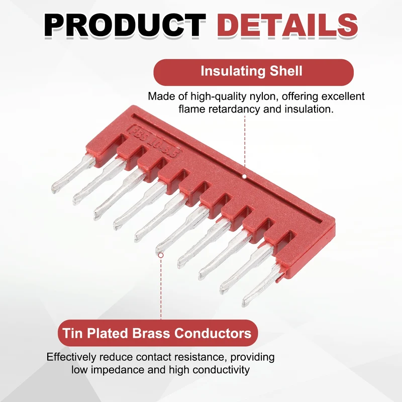 5Pcs FBS10-3.5 DIN Rail Terminal Block, 10 Position Press-Fit Jumper, Red