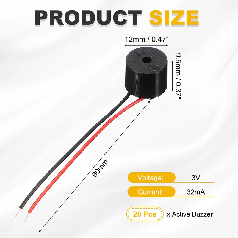 20 Pcs Active Buzzer DC 3V 60mm Wired Active Electronic Buzzer for Alarm