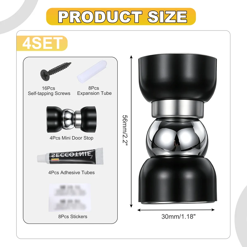 4Pcs Magnetic Door Stopper Kit Stainless Steel Mini Door Stop, Black