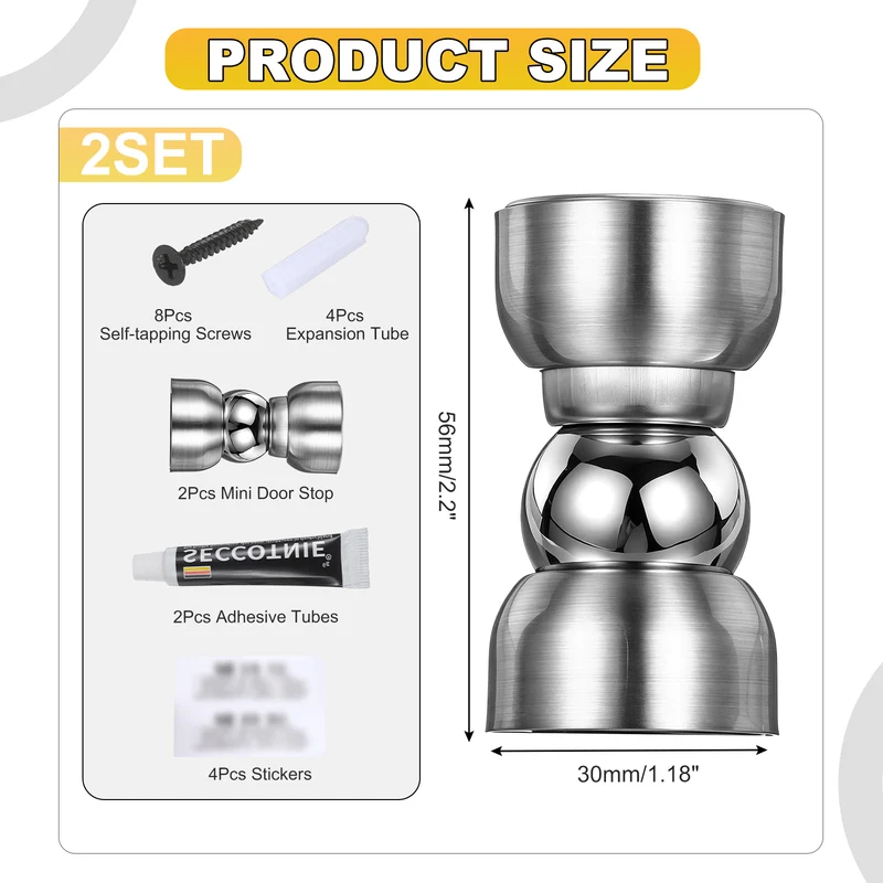 2Pcs Magnetic Door Stopper Kit Stainless Steel Mini Door Stop, Silver