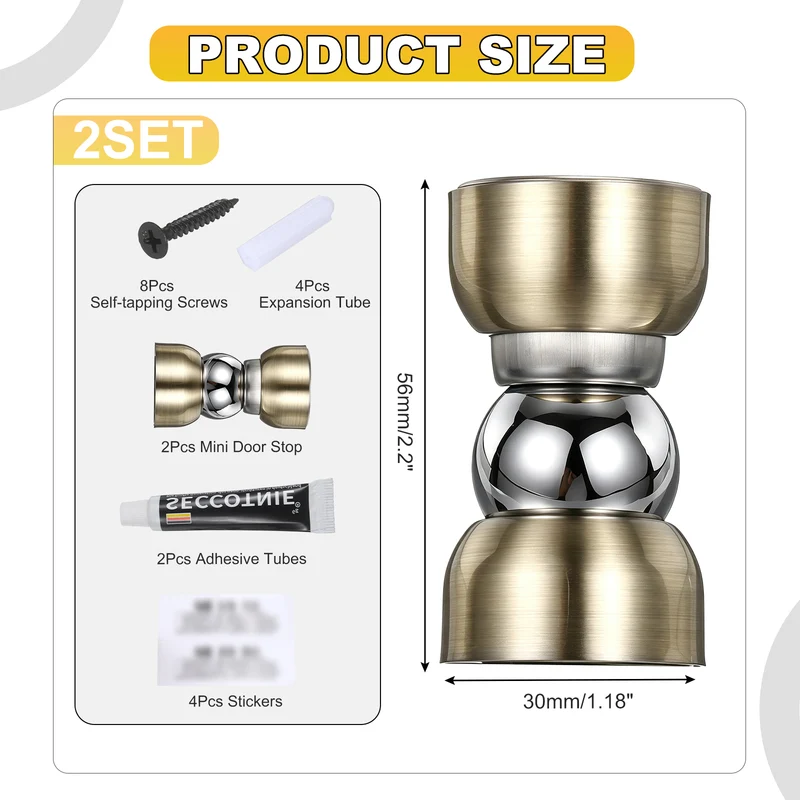 2Pcs Magnetic Door Stopper Kit Stainless Steel Mini Door Stop, Gold