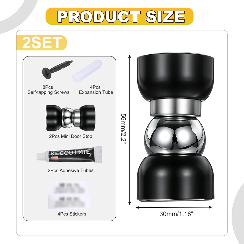 2Pcs Magnetic Door Stopper Kit Stainless Steel Mini Door Stop, Black