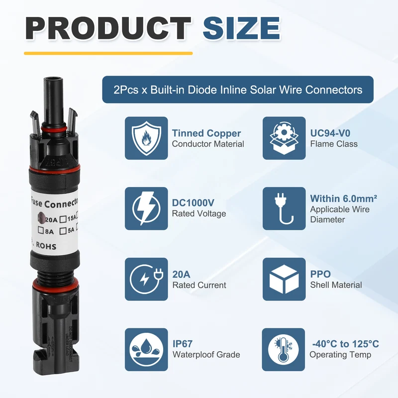 2Set 20A Solar Fuse Holder Inline with Fuse for Solar Photovoltaic System