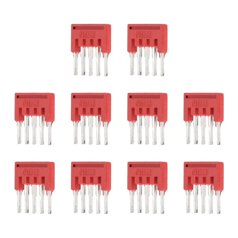 10Pcs FBS5-3.5 DIN Rail Terminal Block, 5 Position Press-Fit Jumper, Red