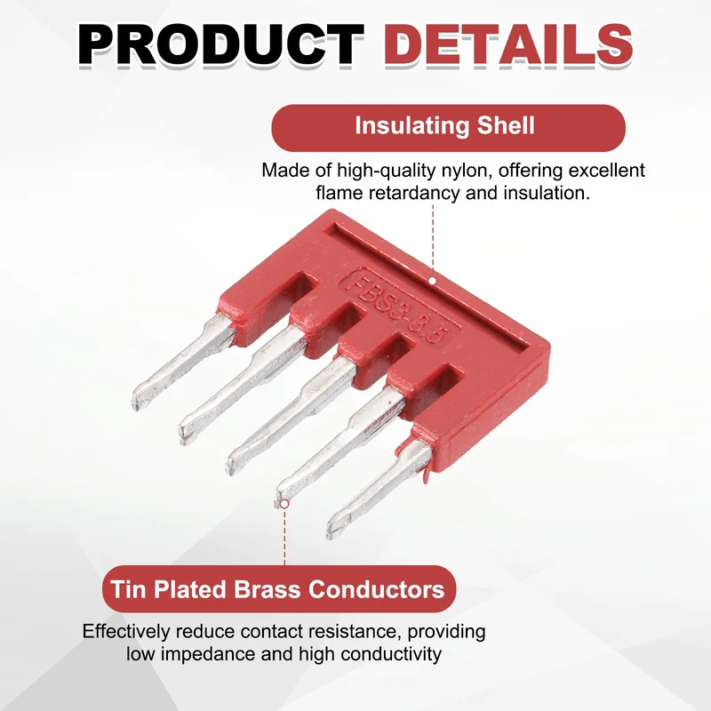 10Pcs FBS5-3.5 DIN Rail Terminal Block, 5 Position Press-Fit Jumper, Red