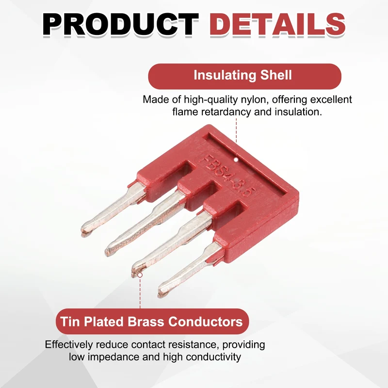 20Pcs FBS4-3.5 DIN Rail Terminal Block, 4 Position Press-Fit Jumper, Red