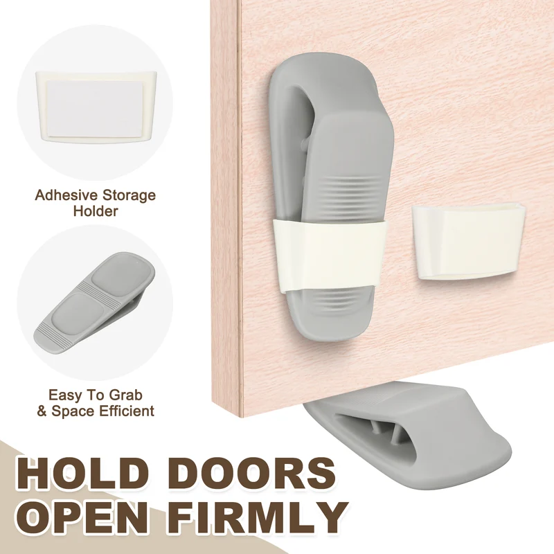 4Pcs Door Stop Wedge with Holder Set Elastic Heavy Duty Doorstops, Gray