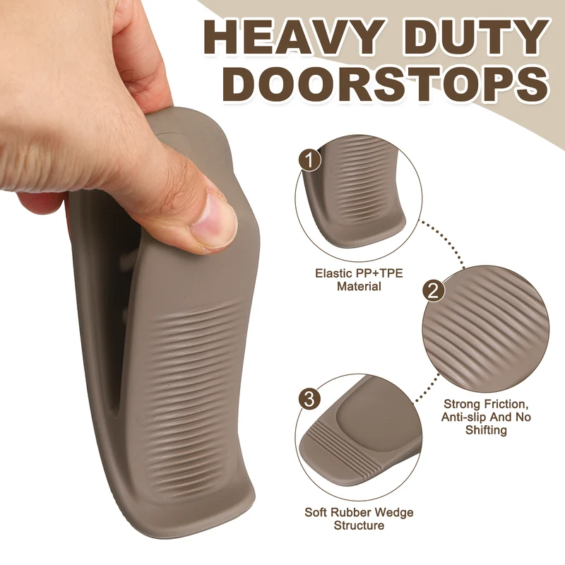 4Pcs Door Stop Wedge with Holder Set Elastic Heavy Duty Doorstops, Brown