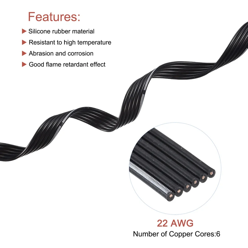 22AWG Silicone Ribbon Cable 6Pin 22 Gauge Flat Cable Silicone Wire 15m/50ft