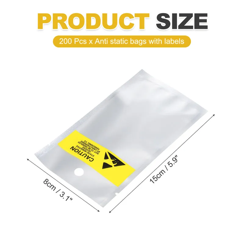 200 Pcs Anti Static Bags 3.1" x 5.9" Open Top with Hole ESD Bags, Silver