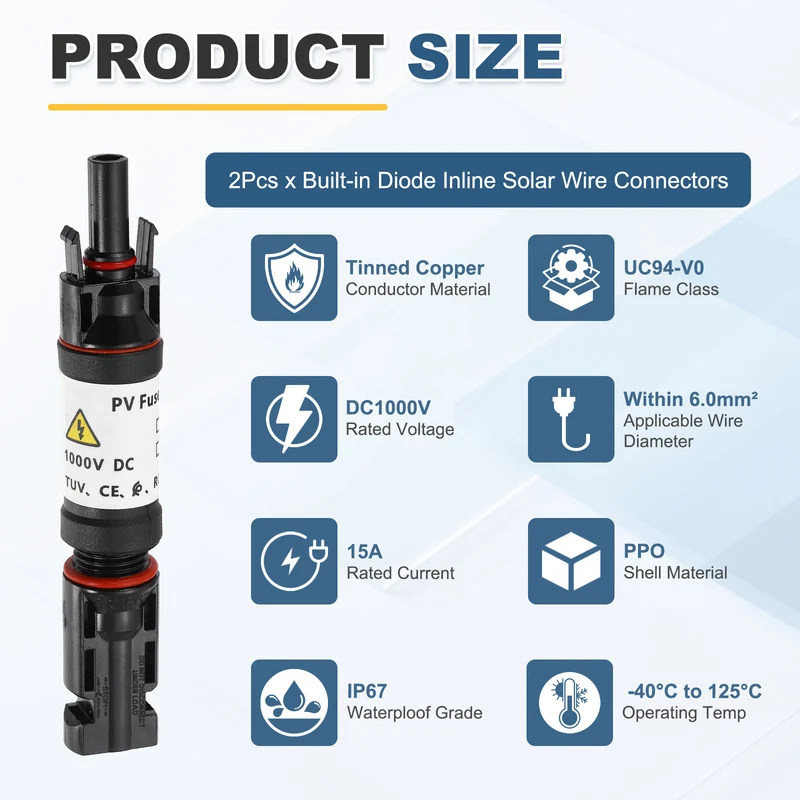 2Pcs 15A Solar Fuse Holder Inline with Fuse for Solar Photovoltaic System